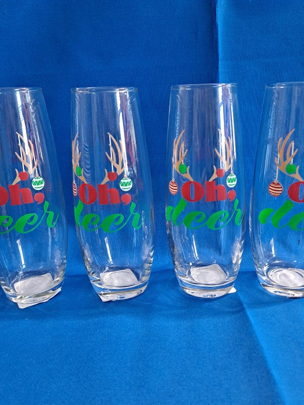 Set 4 Christmas "OH DEER" Reindeer Stemless Flute WINE Glasses Champagne